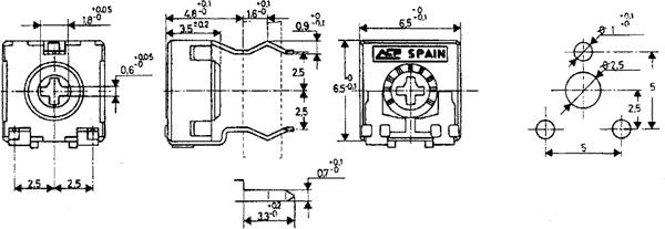 2K5 pieskaņošais horizontalais rezistors, 100mW, 100V, ±20%, 6.5x6.5x3.5mm