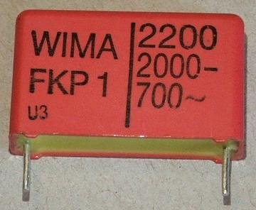 2.2nF/2000VDC, 700VAC, ±5%, polipropilēns kondensātors, 22.5mm, 7x16.5x26.5mm, WIMA