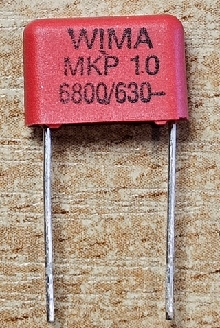6.8nF/630VDC, 400VAC, ±10%, polipropilēns kondensātors 10mm, 4x9x13mm, WIMA