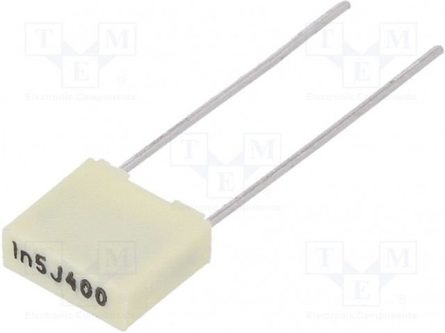 1.5nF/400VDC, 200VAC, ±5%, poliesters kondensātors, 5mm, 7.2x2.5x6.5mm, KEMET