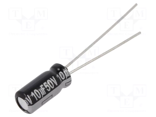 10/50V 105C, Ø5x11mm, ±20%, Kondensators elektrolītisks, 1000h, PANASONIC, ar lokanien izvadiem