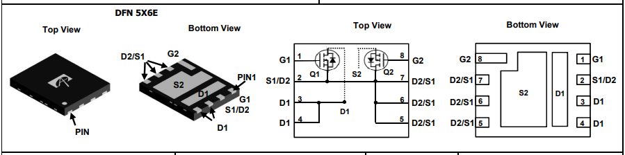 AOE6932 SMD, 2xN-FET, Q1(LogL(1.3...2.2V), 30V, ±20V, 55A, 24W, 0R005), Q2(LogL(1.3...2.2V), 30V, ±20V, 85A, 52W, 0R0014), DFN5x6E
