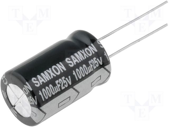 1000/25V, 105C, Ø12.5x20mm, ±20%, Kondensatori zemas induktivitātes, 10000h, Samxon, ar lokaniem izvadiem