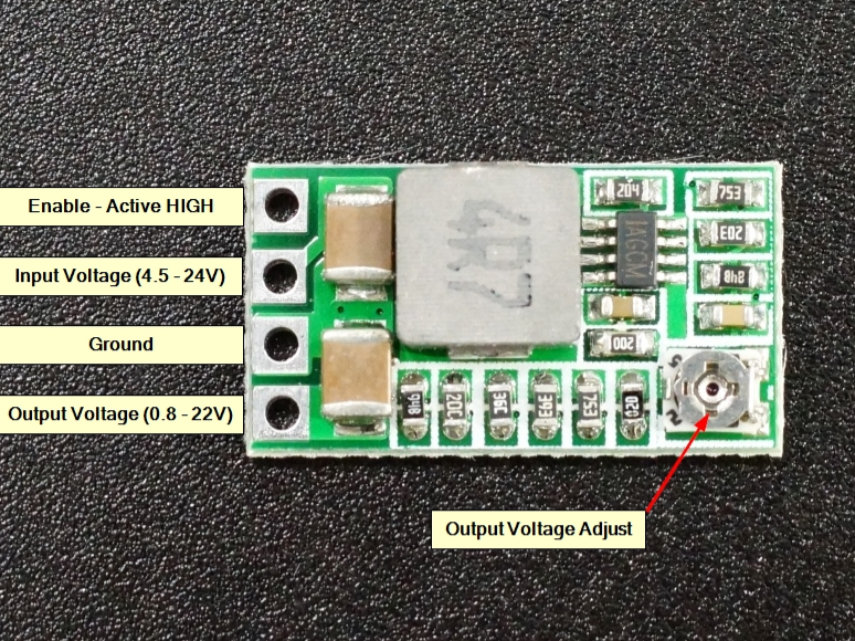 Modulis: Pārveidotājs, step down, Uie=4.5V-24V, Uiz=0.8V-24V, 2A, ADJ/1.8V/2.5V/3.3V/5V/9V/12V, 80..96%, 20x10x4mm, MP2315S