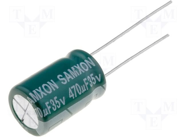 470/35V, 105C, Ø10*16, ±20%, Kondensatori zemas induktivitātes, 3000h, SAMXON, ar lokaniem ivadiem