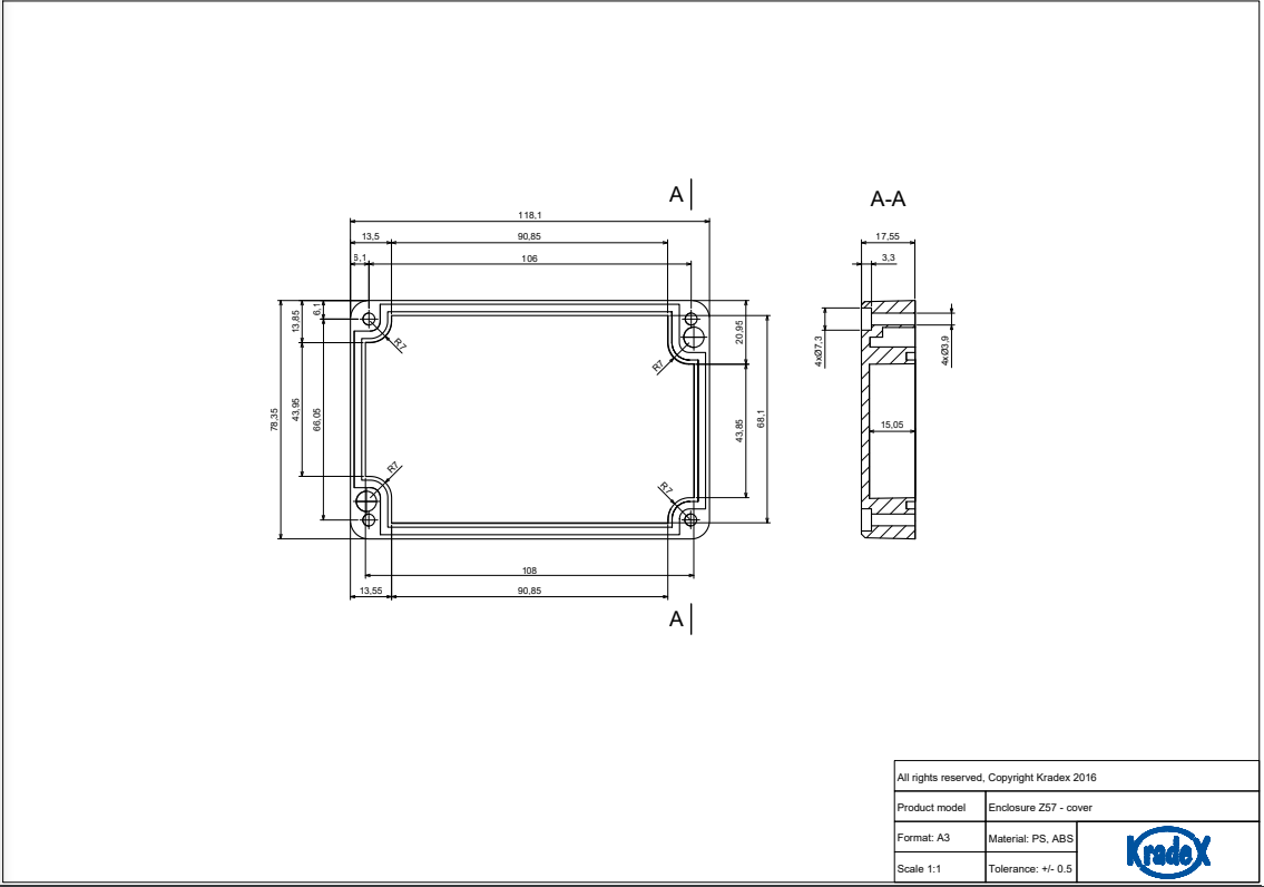 Plastmasas korpuss, 78.2x118.2x54.8mm, IP65, polistirens, pelēkā krasa