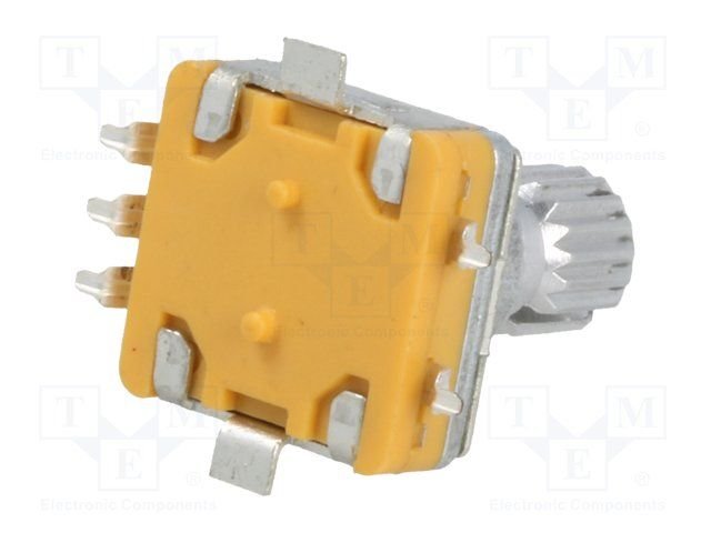 Enkoders, 15imp/revol., 11.7x13.75mm, L=7mm, SMD, metala rokturis D=6mm, vertīkals, divas fazas A un B bez fiksācijas, ar spiedpogu