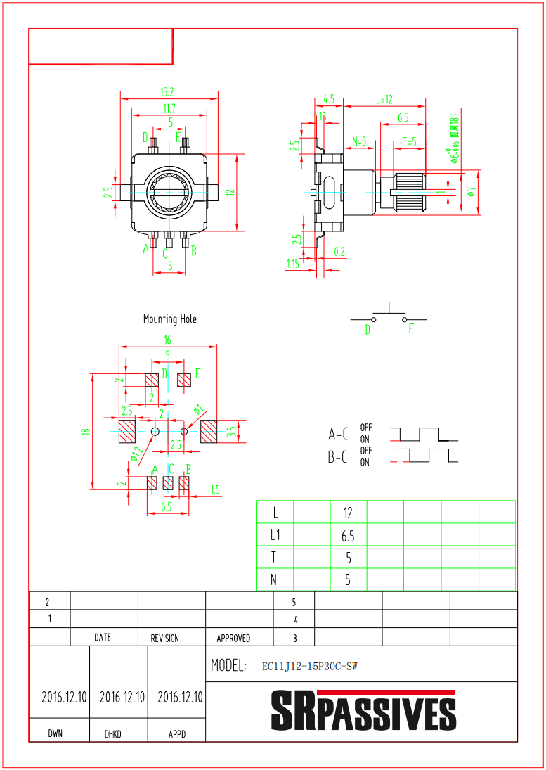 Enkoders, 15imp/revol., 11.7x13.75mm, L=7mm, SMD, metala rokturis D=6mm, vertīkals, divas fazas A un B bez fiksācijas, ar spiedpogu
