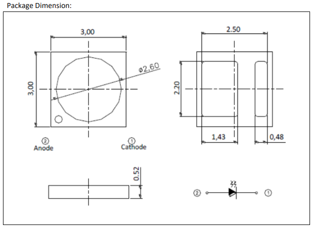 Ultra spožas gaismas diode, 1W, 37...58lm, 130grad, 1.8...2.6V/350mA, 615...630nm, 3x3x0.52mm, sarkana, 3030
