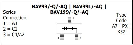 BAV99(A7) SMD 2xDiodes, 85V, 2x0.063A, 350mW, <6ns, (--|>|--/--|>|--), SOT23