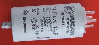 14.0/425VAC, ±5%, elektromotoru kondensators, klemes 6.3mm, 10000h, M8, Ø36x70mm