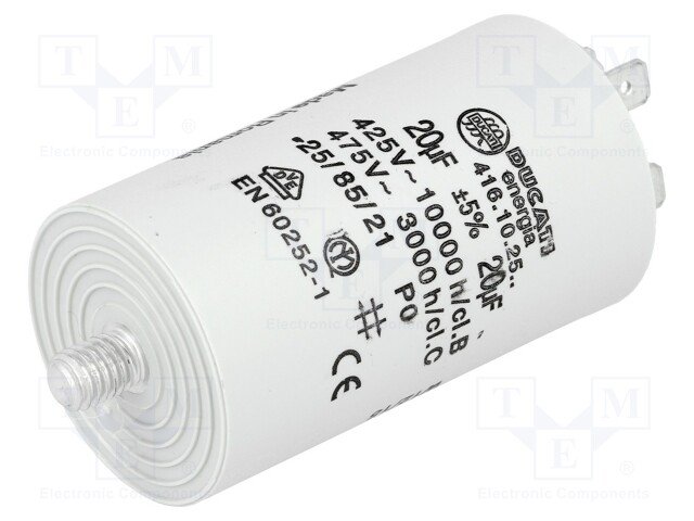 20.0/425VAC, ±5%, elektromotoru kondensators, klemes 6.3mm, 10000h, M8, Ø40x70mm, DUCATI ENERGIA