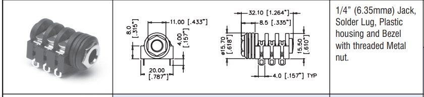 6.35mm ligzda, stereo, plastmasas, vadam, skrūvejamas šasijai M9, plastmasu uzgrieznis sudrabota, 2 x on/off, AMPHENOL