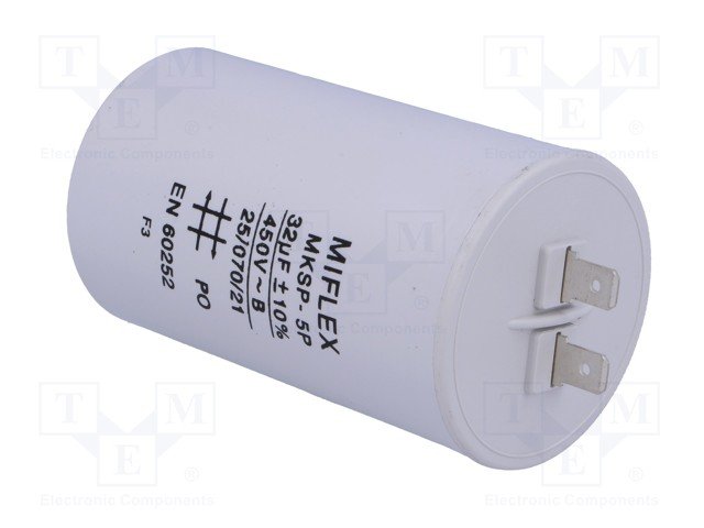 32/450VAC, ±10%, elektromotoru kondensators, klemes 6.3mm, 10000h, Ø50x119mm