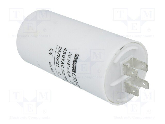 30.0/450VAC, ±5%, elektromotoru kondensators, klemes 6.3mm, 3000h, Ø45x90mm