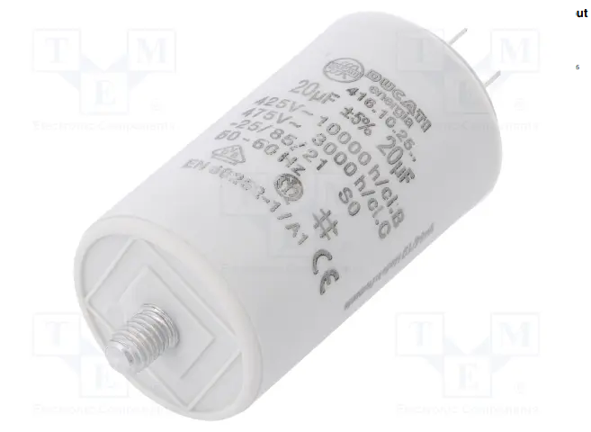 10.0/475VAC, ±5%, elektromotoru kondensators, klemes 6.3mm, 10000h, M8, Ø36x70mm, DUCATI ENERGIA