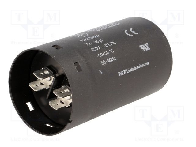 80.0/250VAC, ±10%, elektromotoru kondensators, klemes 6.3mm, M8, 6.3mm, Ø45.5x84mm