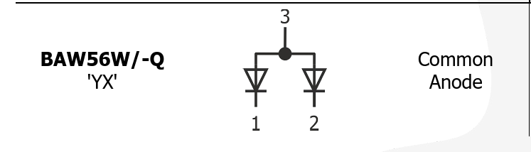 BAW56W(YX) SMD 2xDiodes, 85V, 2x0.15A, 200mW, 4ns, (--|<|--/--|>|--), SOT23