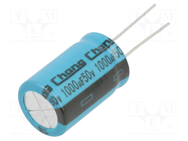 1000/50V, 105C, Ø16x25mm, ±20%, Kondensators elektrolītisks, 2000h, CHANGZHOU HUAWEI, ar lokaniem izvadiem