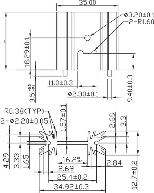Radiators 35x38x13mm, H veida, 10.8K/W, TO220, aluminijs, melna krasa