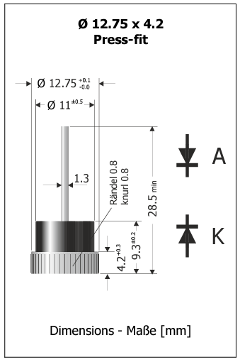 BYP35A6(BYZ35A47) Diode, 600V, 35A, presejāms, izvads anods/korpusā katods, Ø12.75x4.2mm, Press-Fit