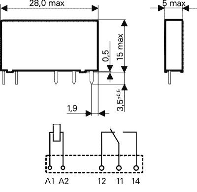 Relejs DC24V, SPDT, 6A/250VAC, 6A/30VDC, 3.39k(7.1mA), viens kontakts uz pārslēgšanu(AgSnO2), 28x5x15mm, RELPOL
