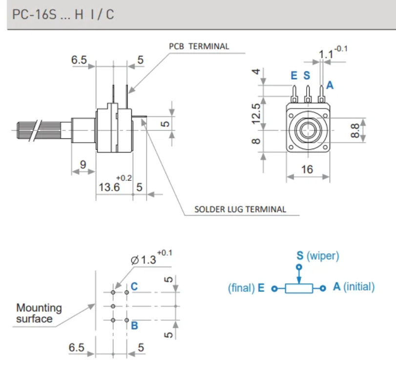 1M mono, ar sledzi, 16x16x14mm, 200mW, ±20%, 6mm, L=40mm, potenciometrs ar lineare atkarību