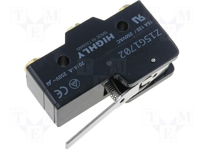 Mikropārslēdzējs ar sviru L=42mm, SPDT, ON-(ON), 20A/250VAC, IP40, 49.2x17.45x24.2mm, viens kontakts