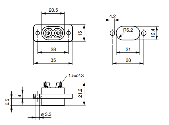 Tikla štekets, 250VAC, 2.5A, C8(EURO), atloks (2 atveres), uz panelim, SCHURTER
