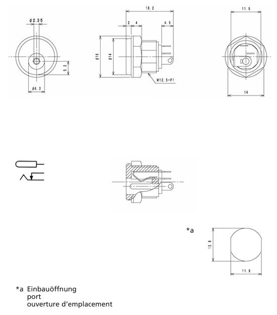 2.5*5.5mm, ligzda, skruvējamā (M12.5x1), on/off, plastmasas, vadam, 1A/12VDC, uzgrieznis apakšpusē, CLIFF