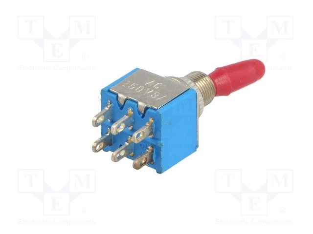 Tumblers, DPDT, ON-ON, 3A/250VAC, lodēšanai, M6, 12.5x11.5x9.5mm, divi kontakti uz divam stavoklim, ar fiksaciju, apaļš sarkans rokturis