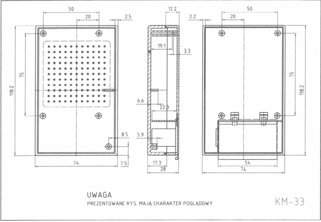 Plastmasas korpuss, 70x115x27mm, ABS, perforēts, baltā krasa, ar vāku baterija