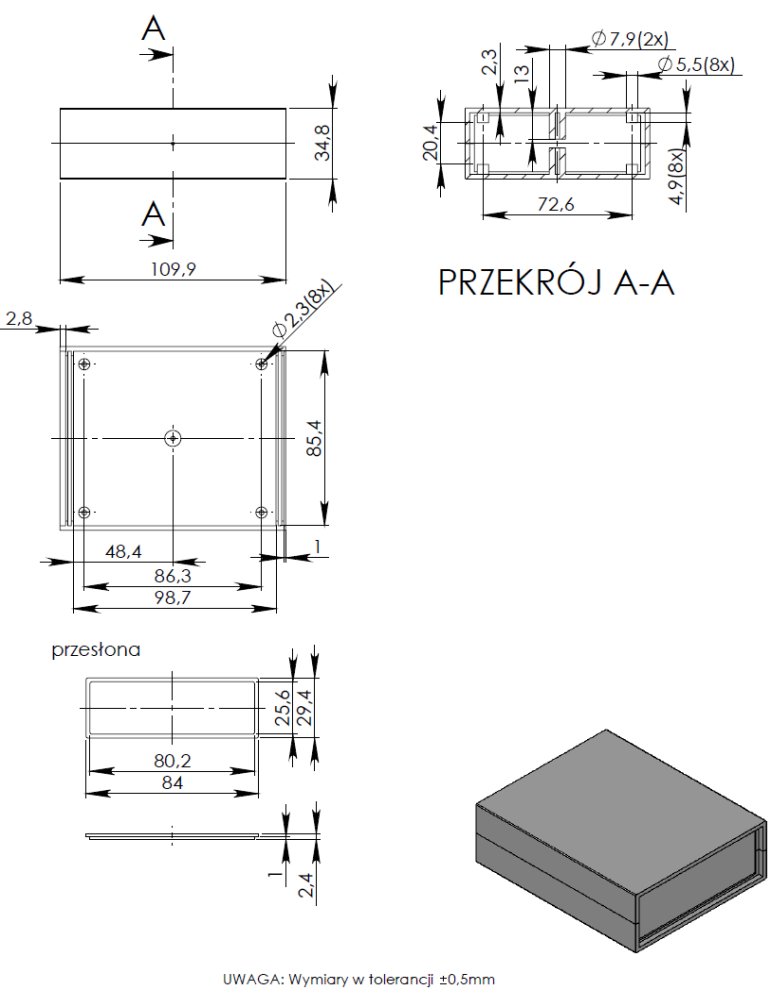 Plastmasas korpuss, 91x111x35mm, ABS, peleka krasa