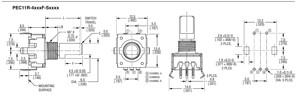 Enkoders, 24imp/revol., 11.7x12, L=10mm, metāla rokturis D=6mm, vertīkals, ar spiedpogu