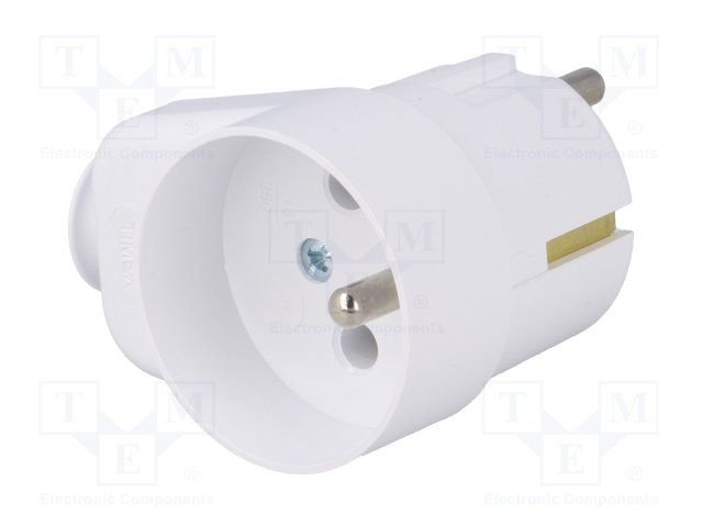 Tikla štekers, Uni-Schuko, 250VAC/16A, 2P+PE, balta krasa, leņķisks, ar zemi, ar papildu kontaktu