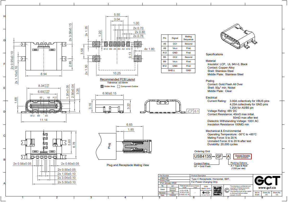 USB-C (type C), ligzda uz šasija, SMD/SMD, 4 piestiprinājuma punkti, only for charging, 3A, 6pin