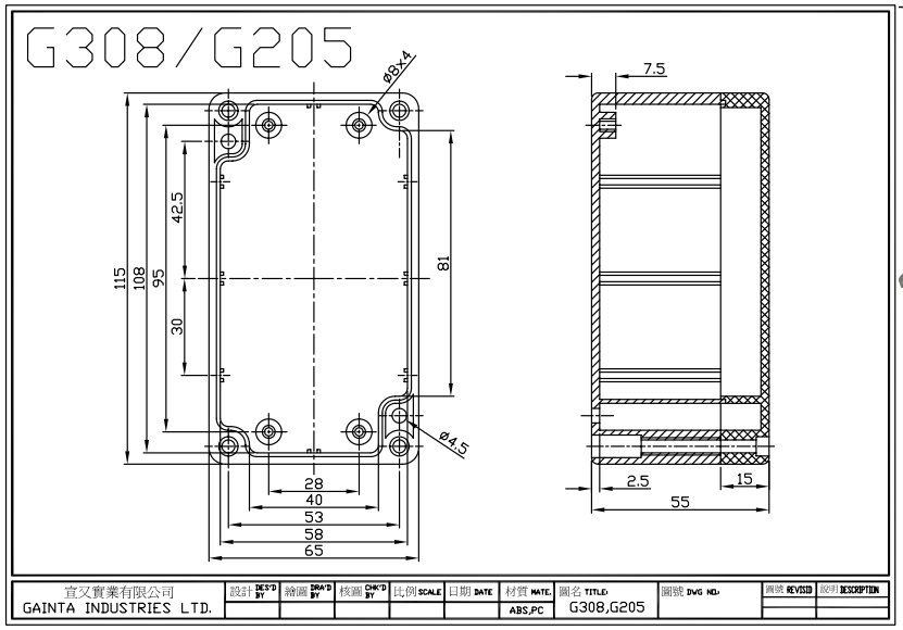 Plastmasas korpuss, 65x115x55mm, IP65, ABS, pelēkā krasa