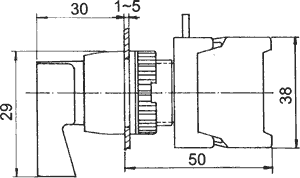 Paneļu slēdzejs, 22mm, 3 poz., (ON)-OFF-(ON), IP65, 3A/230VAC, sarkans, divi kontaktu uz saslēgšanu