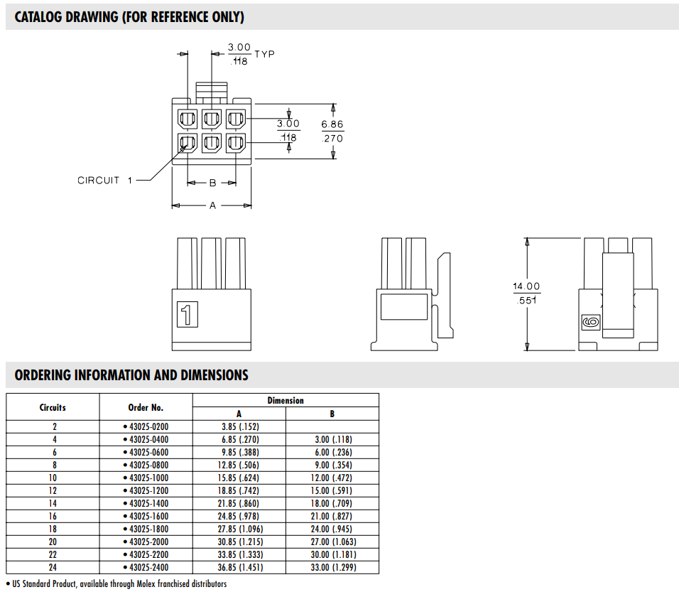 4pin(2x2), MicroFit, korpuss "papa" uz vadam, bez kontaktiem, solis=3x3mm, 5A