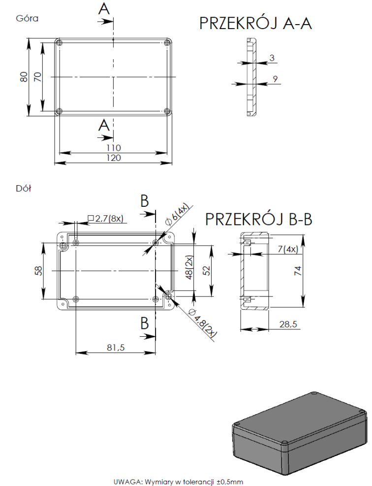 Plastmasas korpuss, 80x120x36mm, ABS, pelēkā krasa