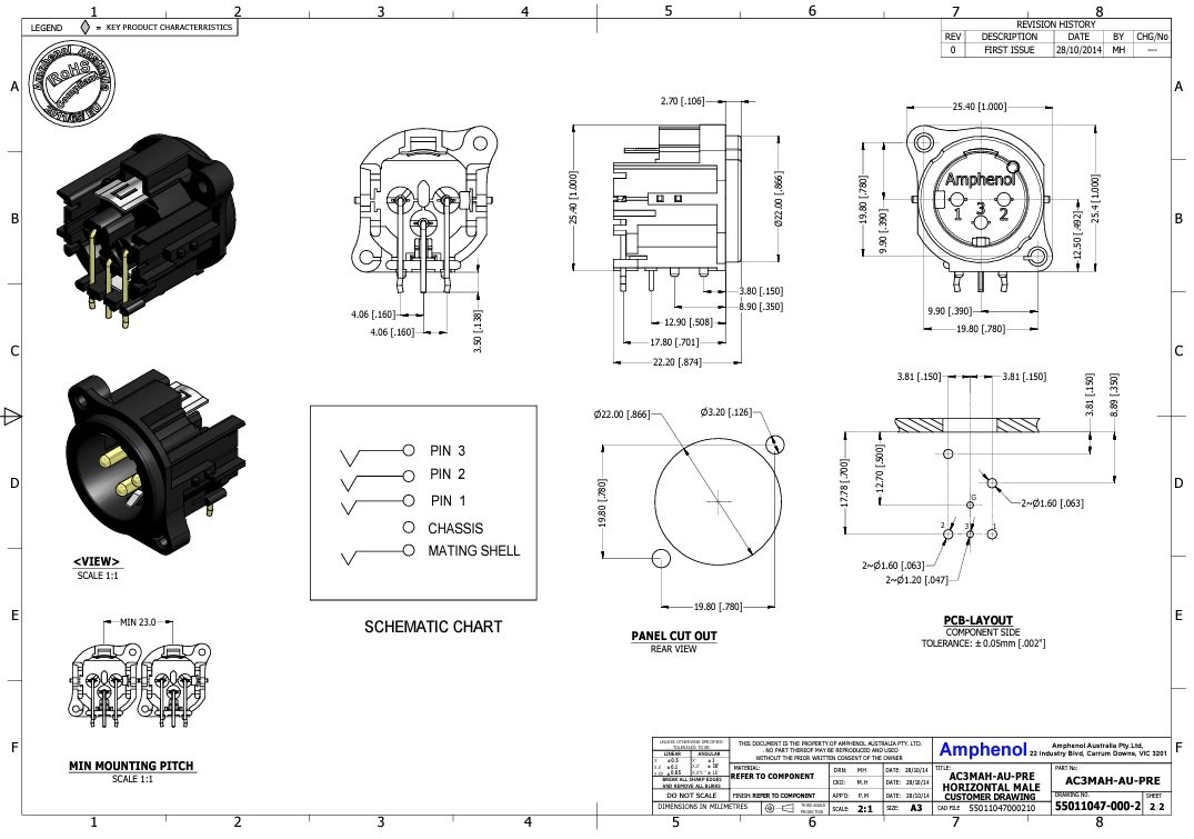 XLR 3PIN, štekers, šasijai (2 skrūves), leņķisks, AMPHENOL