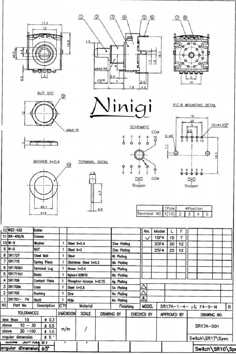 Galetes parslēdzejs 1=>4 kontakts, 0.3A/16V, BBM (non-shorting), 6mm, Lass=7mm