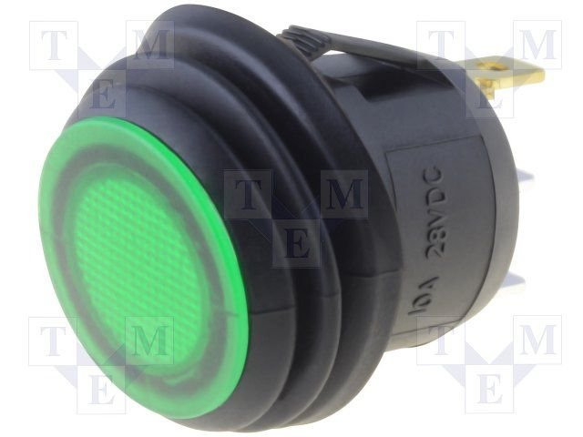 Taustiņslēdzis SPST, OFF-(ON), 10A/28VDC, IP65, LED24VDC, Ø20.2mm, zaļš, bez fiksācijas