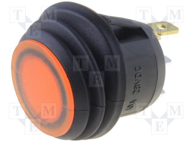 Taustiņslēdzis SPST, OFF-(ON), 10A/28VDC, IP65, LED24VDC, Ø20.2mm, oranžs, bez fiksācijas