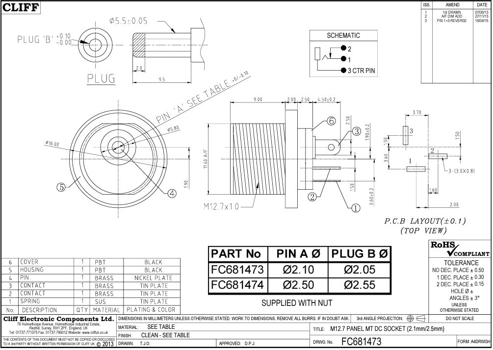 2.5*5.5mm, ligzda, skruvējamā (M12.5x1), on/off, plastmasas, vadam, 0.5A/12VDC, uzgrieznis priekšpusē, CLIFF