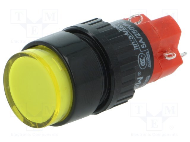 Poga SPDT, ON-ON, 3A/250VAC, 2A/24VDC, IP40, M16, ar apg. LED230ВAC/DC, lodējamie kontakti, dzeltenā krasa, ar fiksaciju