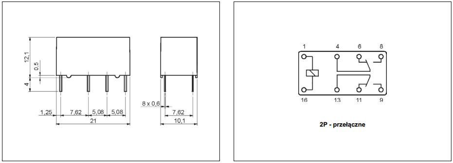 Relejs DC5V, DPDT, 2x1A/125VAC, 2x2A/30VDC, 125R(40mA), divi kontakti uz pārslēgšanu, 20.2x10x11.5mm, HONGFA RELAY