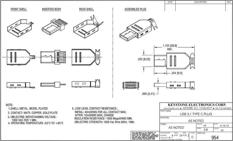 USB-C (type C), 3.1, štekers, vadam, KEYSTONE, 24pin