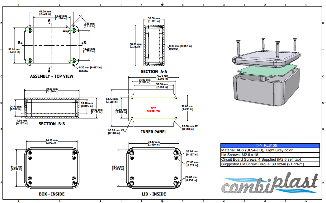 Plastmasas korpuss, 60x80x30mm, IP54, ABS, pelēkā krasa, ar piestiprinājumiem