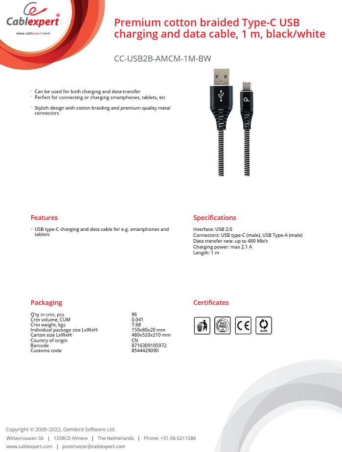 USB-C štekers/USB-A 2.0 štekers, vads, Tekstila apvalks, 1m